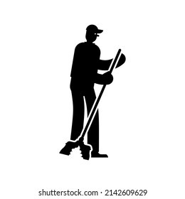 Limpiador con escoba limpia un icono de mierda. ilustración de janitor Vector