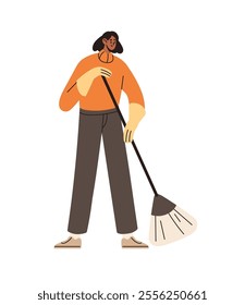 Cleaner with broom in hands brushing dust. Woman volunteer in protective gloves sweeping ground. Janitor cleaning, reduces dirt, trash, waste. Flat isolated vector illustration on white background