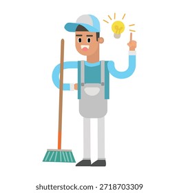Limpador com vassoura tendo uma ilustração de vetor de ideia de lâmpada