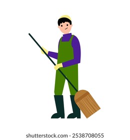 Limpador com uma vassoura. Ilustração simples de cor plana do vetor.