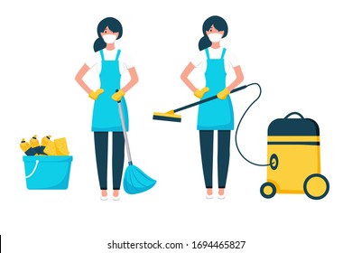 Cleaner with a bucket and a vacuum cleaner. Cleaning products and detergents. .Vector illustration