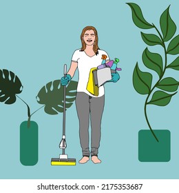 Cleaner with a bucket and a vacuum cleaner. Cleaning products and detergents. .Vector illustration