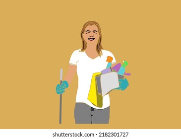 Cleaner with a bucket and a vacuum cleaner. Cleaning products and detergents. .Vector illustration