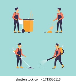 Cleaner, busy character set, clean streets. Flat design vector illustration.