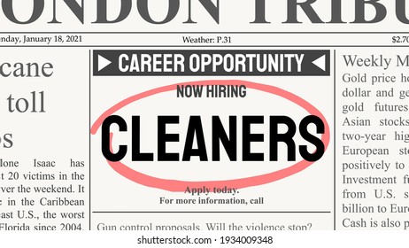 Cleaner career. Recruitment offer - job ad. Newspaper classified ad career opportunity.