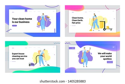 Cleaner Characters with Mop, Vacuum Cleaner and Tools Landing Page. Cleaning Service with Staff with Equipment. Housewife Washing Home, Janitor Worker Web Banner. Vector flat illustration