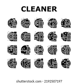 cleaner clean detergent wash hand icons set vector. product laundry, spray household, mop house, cleaning label, bottle liquid, service cleaner clean detergent wash hand glyph pictogram Illustrations