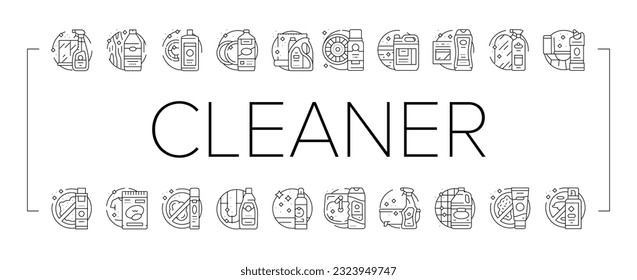 cleaner clean detergent wash hand icons set vector. product laundry, spray household, mop house, cleaning label, bottle liquid, service cleaner clean detergent wash hand black contour illustrations