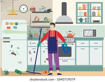 Cleaner Is Cleaning Mess And Garbage In Kitchen. Interior Dirty Room With Person Holding Mop And Cleaning Agent, Doing Housework. Cleaning Service For Home. Vector Flat Illustration