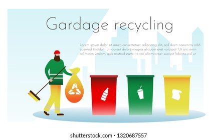 Cleaner Cleaning and sorting garbage on the streets. . Flat vector illustration. Site Template