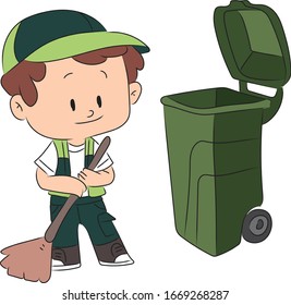 A cleaner cleans the floor with a rubbish bin next to him