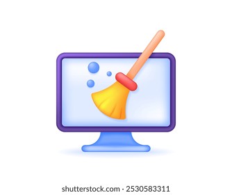 cleaner concept. software or application. computer trash cleaner. cleaning junk files and useless data. illustration of a monitor with a broom. symbol or icon. minimalist 3d style design. element