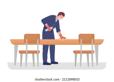 Cleaner disinfecting desk semi flat color vector character. Posing figure. Full body person on white. Cleanup isolated modern cartoon style illustration for graphic design and animation