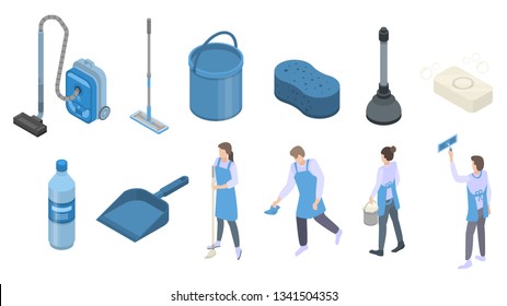 Cleaner equipment icons set. Isometric set of cleaner equipment vector icons for web design isolated on white background