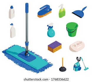 Cleaner equipment icons set. Isometric set of cleaner equipment vector icons for web design isolated on white background