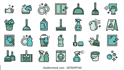 Cleaner equipment icons set. Outline set of cleaner equipment vector icons for web design isolated on white background