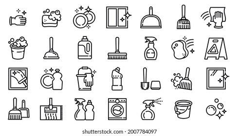 Cleaner equipment icons set. Outline set of cleaner equipment vector icons for web design isolated on white background