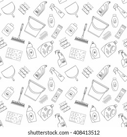 cleaner equipment products in bucket for cleaning housework
domestic brush sponge bottle spray and protective gloves, housekeeping vector illustration or banner seamless pattern