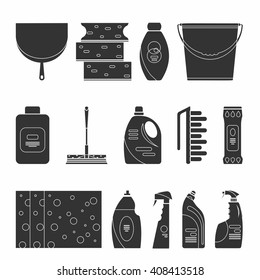 cleaner equipment products in bucket for cleaning housework
domestic brush sponge bottle spray and protective gloves, housekeeping vector illustration or banner