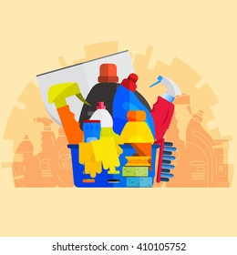 cleaner equipment products in bucket for cleaning housework
domestic brush sponge bottle spray and protective gloves, housekeeping vector illustration or banner