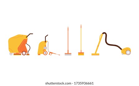 Cleaner equipment set - yellow cleaning tools isolated on white background. Vacuum, sweeping broom and floor scrubber from side view, flat vector illustration.