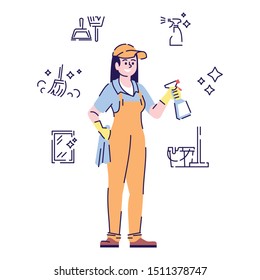 Cleaner flat vector character. Female janitor, housekeeper cartoon illustration with linear icons and outline. Housekeeping, housework chores. Cleaning service worker isolated on white background