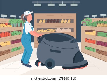 Cleaner In Grocery Store Flat Color Vector Illustration. Supermarket Janitor With Cleaning Machine 2D Cartoon Characters With Product Shelves On Background. Commercial Janitorial Service