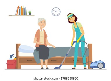 Cleaner helping senior woman - flat design style illustration with cartoon characters. Female volunteer, service worker vacuum cleaning at home of a retired person. Elderly people care, social support