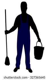 Cleaner holding a brush and a bucket.