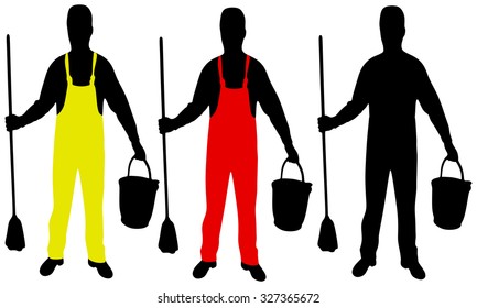 Cleaner holding a brush and a bucket