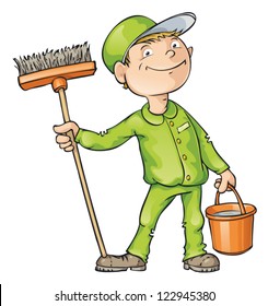 Cleaner holding a brush and a bucket. Vector cartoon