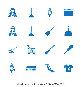 Cleaner icon. collection of 16 cleaner filled icons such as plunger, dustpan, mop, sponge, dust brush, maid, cleaning tools. editable cleaner icons for web and mobile.