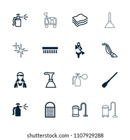 Cleaner icon. collection of 16 cleaner filled and outline icons such as mop, clean brush, maid, spray bottle, plunger, sponge. editable cleaner icons for web and mobile.