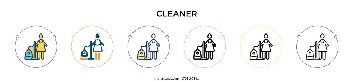 Cleaner icon in filled, thin line, outline and stroke style. Vector illustration of two colored and black cleaner vector icons designs can be used for mobile, ui, web