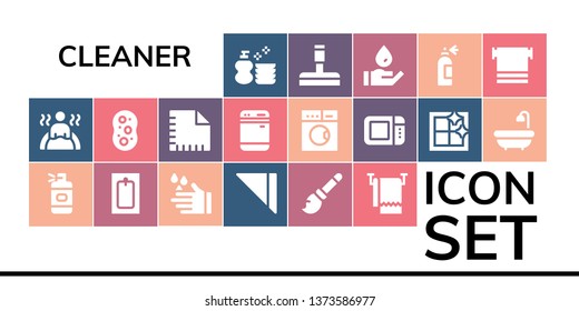 cleaner icon set. 19 filled cleaner icons.  Simple modern icons about  - Wash, Bath, Spray bottle, Napkin, Broomstick, Towel, Sponge, Dishwasher, Laundry, Microwave oven, Clean window