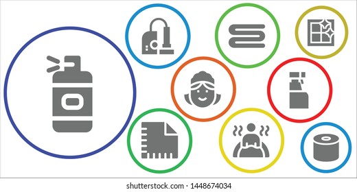 cleaner icon set. 9 filled cleaner icons.  Collection Of - Spray bottle, Vacuum, Towel, Napkin, Bath, Maid, Cleaning spray, Clean window, Tissue