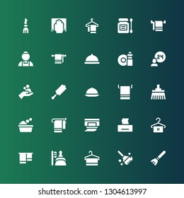 cleaner icon set. Collection of 25 filled cleaner icons included Broom, Clean, Towel, Dustpan, Tissue, Wipes, Washing, Room service, Duster, WASHING HANDS, Washing dishes, Maid