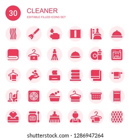 cleaner icon set. Collection of 30 filled cleaner icons included Towel, Broom, WASHING HANDS, Dustpan, Room service, Washing dishes, Tissue, Washing, Vacuum, Extractor, Laundry basket