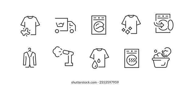 Cleaner icons. Set of 10 laundry trendy minimal icons. Stain, washing machine, clean suit, hand wash, dryer icon. Design signs for web page, mobile app, packaging design. Vector illustration