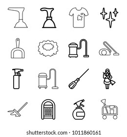 Cleaner icons. set of 16 editable outline cleaner icons such as spray bottle, plunger, mop, clean, sponge, vacuum cleaner, maid, cleaning tools, dustpan