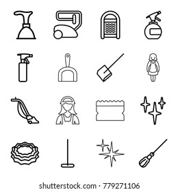 Cleaner icons. set of 16 editable outline cleaner icons such as spray bottle, plunger, vacuum cleaner, mop, dustpan, clean, sponge