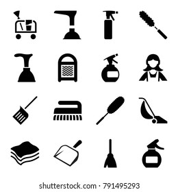 Cleaner icons. set of 16 editable filled cleaner icons such as spray bottle, plunger, broom, sponge, dust brush, maid, cleaning tools, dustpan, vacuum cleaner