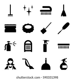 cleaner icons set. Set of 16 cleaner filled icons such as spray bottle, broom, dustpan, clean, sponge, dust brush, vacuum cleaner, clean brush
