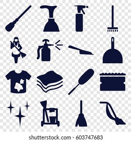 Cleaner icons set. set of 16 cleaner filled icons such as spray bottle, plunger, cleaning tools, broom, dustpan, mop, clean, sponge, dust brush, vacuum cleaner, dirty laundry