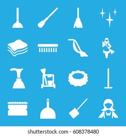Cleaner icons set. set of 16 cleaner filled icons such as plunger, cleaning tools, broom, mop, dustpan, clean, sponge, vacuum cleaner, clean brush