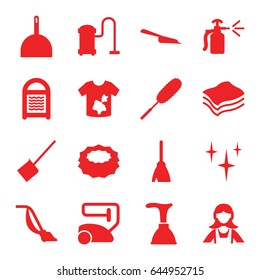 Cleaner icons set. set of 16 cleaner filled icons such as plunger, broom, vacuum cleaner, dustpan, clean, sponge, dust brush, maid, dirty laundry