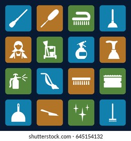 Cleaner icons set. set of 16 cleaner filled icons such as spray bottle, plunger, cleaning tools, dustpan, broom, mop, clean, sponge, dust brush, vacuum cleaner, clean brush