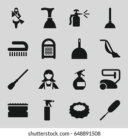 Cleaner icons set. set of 16 cleaner filled icons such as spray bottle, plunger, vacuum cleaner, dustpan, mop, sponge, dust brush, clean brush