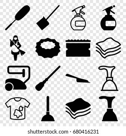 Cleaner icons set. set of 16 cleaner filled and outline icons such as spray bottle, plunger, vacuum cleaner, dustpan, mop, sponge, dust brush, maid