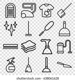 Cleaner icons set. set of 16 cleaner outline icons such as spray bottle, plunger, broom, vacuum cleaner, dustpan, clean, sponge, dust brush, clean brush